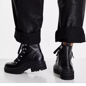 Steve Madden Leather Rainier Black Lace Up Combat Boots Lug Sole Size 7.5 EC